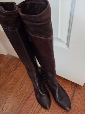 Via Spiga Brown Leather Knee-High Wedge Boots Suede Trim Buckle - size 9.5M